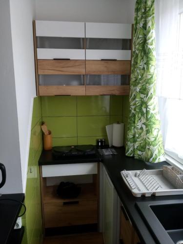 a small kitchen with green tiles and a counter at Giżycko Studio Apartament in Giżycko