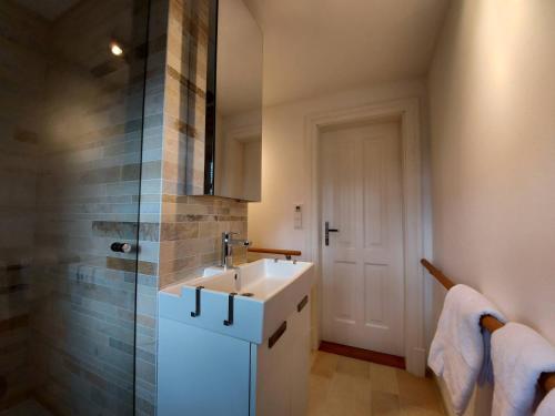 a bathroom with a sink and a shower at Tiny X im Marxhof Seebruck am Chiemsee in Seebruck