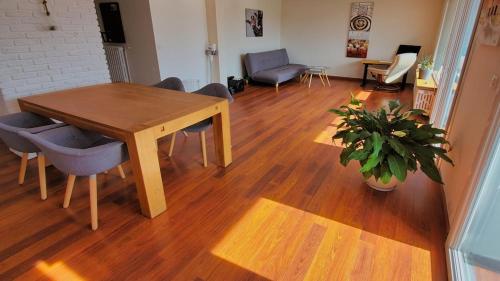 un salon avec une table en bois et une plante en pot dans l'établissement Luxury Apartment * Quiet * View * Heart of Annecy * 2 steps from the Lake * * * *, à Annecy