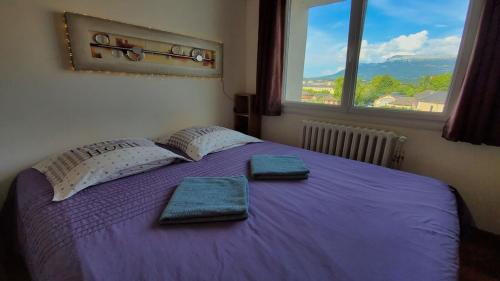 - une chambre avec un lit violet et 2 serviettes dans l'établissement Luxury Apartment * Quiet * View * Heart of Annecy * 2 steps from the Lake * * * *, à Annecy