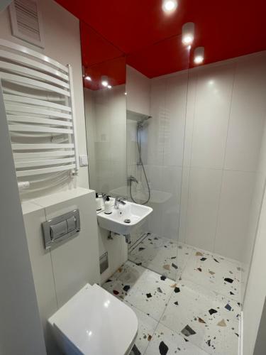 a bathroom with a white toilet and a sink at Ruciane Wianki DOM W SERCU WARMII in Purda