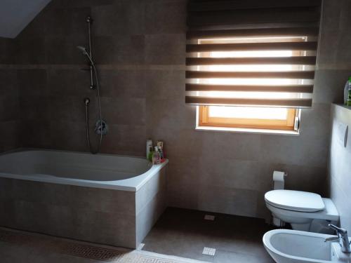 a bathroom with a tub and a toilet and a sink at Casa Panoramic in Turda
