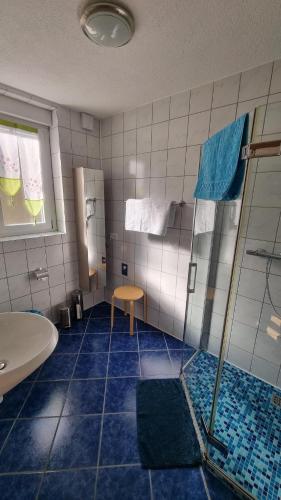 a bathroom with a shower and a sink at Ferienwohnung Tischler in Rust
