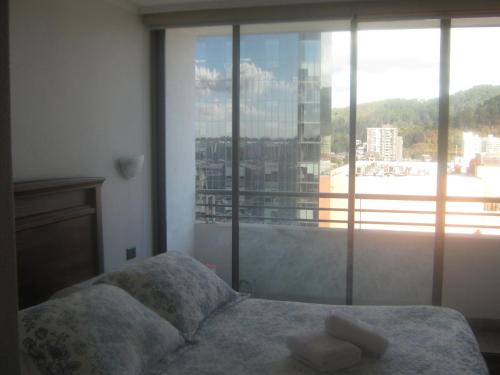 a bedroom with a bed and a large window at Departamento Freire 1062 in Concepción