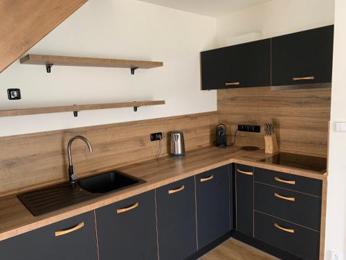 a kitchen with black cabinets and a sink at Naše Borovka in Borová Lada