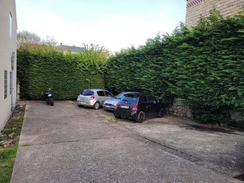 two cars parked in a parking lot next to a hedge at Diamant Studio classé 3 Étoiles in Saint-Germain-en-Laye