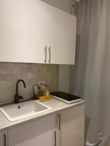 um balcão de cozinha com um lavatório e armários brancos em Nice104 em Turim