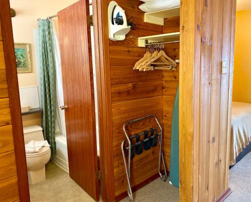 Rocky Mountain Springs Lodge في راديوم هوت سبرينغز: حمام مع مرحاض ومغسلة في الغرفة