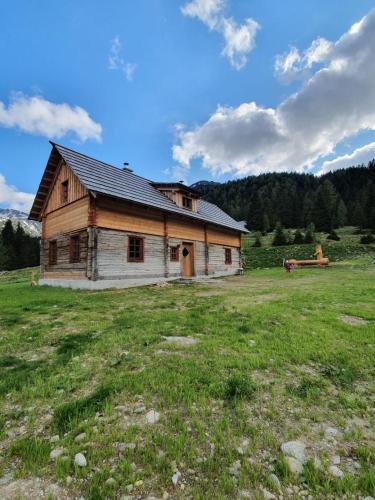 an old house in a field with a horse in front at Almhütte Prem2 in Ramingstein