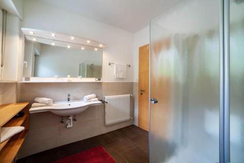 シェーナにあるHaus Hohenrain Ferienwohnung 4の洗面台、鏡、シャワー付きのバスルーム