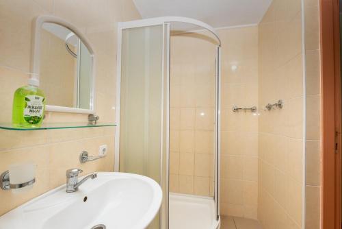 a bathroom with a sink and a shower at Elektromash Hotel in Tiraspol