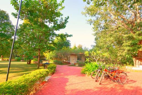 a group of bikes parked on a brick path at Bundela Bandhavgarh by Octave in Mānpur