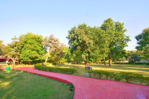 a woman sitting on a bench on a red brick path in a park at Bundela Bandhavgarh by Octave in Mānpur