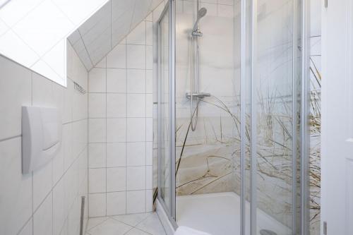 a shower with a glass door in a bathroom at Ferienwohnung Lee Ost 2 3 in Dierhagen