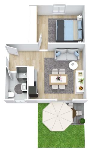 a floor plan of a small apartment with a living room at Ferienwohnung Lee West 2 2 in Dierhagen