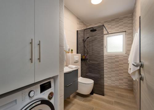 a small bathroom with a toilet and a shower at House Goga in Ledenice
