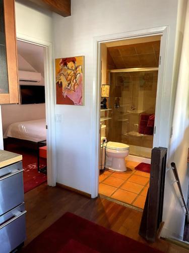 a bathroom with a shower and a toilet and a sink at The 3 Dux in Santa Barbara