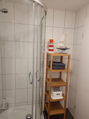 a bathroom with a shower and a shelf with towels at Ferienwohnung Forsthaus in Willingen