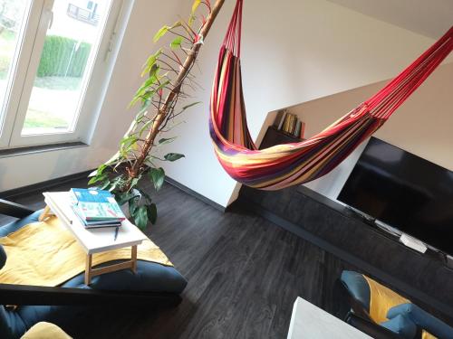a hammock is hanging in a living room at Apartment with mountain view and rivers close by in Šmartno ob Dreti