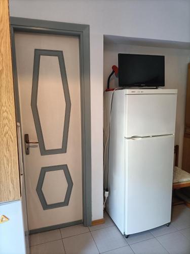 a door with a television next to a refrigerator at monolocale a un passo dal mare con parcheggio privato in Celle Ligure