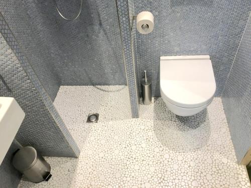 a bathroom with a white toilet in a shower at guestroom traza 37 in Amsterdam