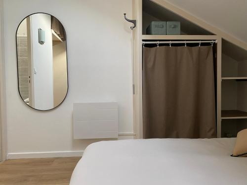a bedroom with a bed and a mirror at Cocon en Champagne in Épernay