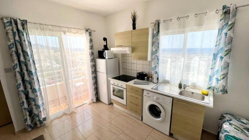 a kitchen with a sink and a washing machine at PMP Adamia Apartments in Peyia