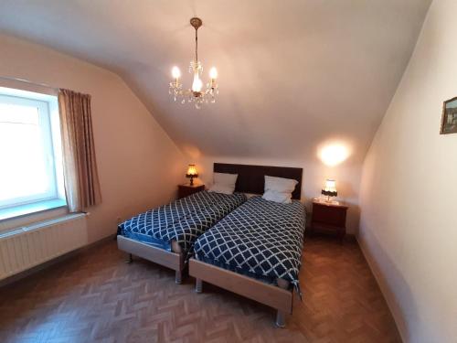 a bedroom with a bed and a chandelier at Aan het Singelhof - Bellefleur*** met sunshower en tuin in Sint-Truiden