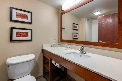 a bathroom with a toilet and a sink and a mirror at Comfort Inn & Suites Orlando North in Sanford