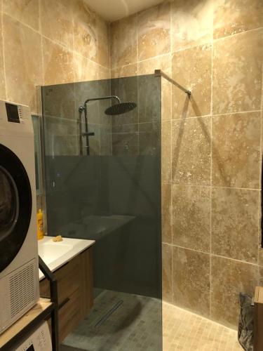 une salle de bain avec une douche avec une porte vitrée dans l'établissement Superbe Appart Rustique, à Arles