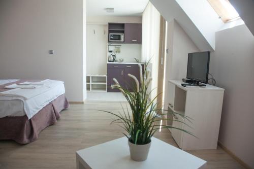 a bedroom with a bed and a table with a plant at Sky Apartments in Blagoevgrad
