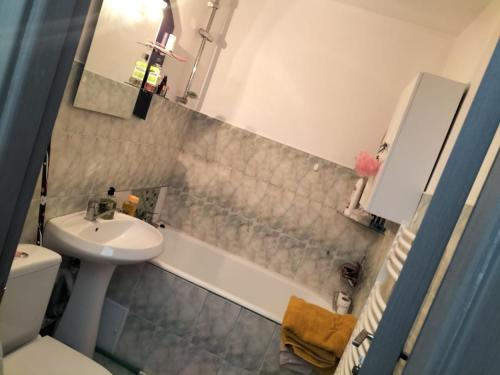 a bathroom with a sink and a toilet and a bath tub at Iuli in Iaşi