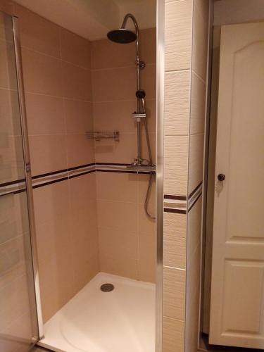 une douche avec une porte vitrée dans une salle de bain dans l'établissement Villa de vacances, à Saint-Victor-la-Coste