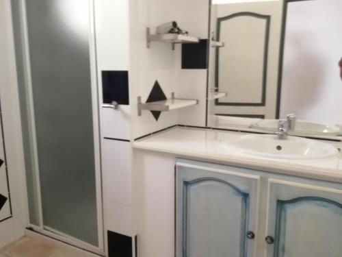 ein Badezimmer mit Waschbecken und Spiegel in der Unterkunft Gîtes de l'Esquirou in Lagorce