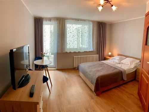 - une chambre avec un lit et un bureau avec une télévision dans l'établissement Portowa 35, à Kołobrzeg