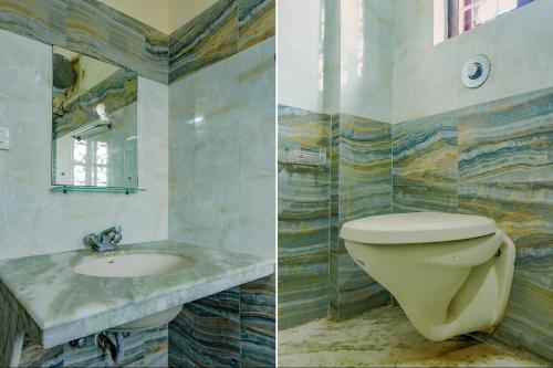 two pictures of a bathroom with a toilet and a sink at FabHotel New kolkata Residency Inn - Nr Axis Mall in Kolkata