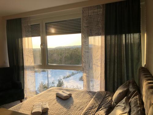 uma cama com duas toalhas em frente a uma janela em Apartman Ambijent Divcibare em Divčibare