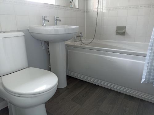 uma casa de banho com um WC, um lavatório e uma banheira em Froden Court em Billericay