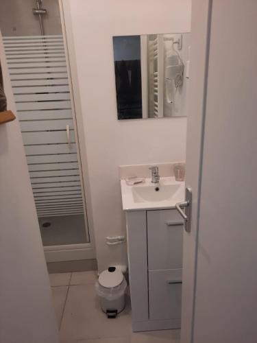 une salle de bain blanche avec un lavabo et une douche dans l'établissement Le levant - avec loggia - à 20m de la plage, à Courseulles-sur-Mer