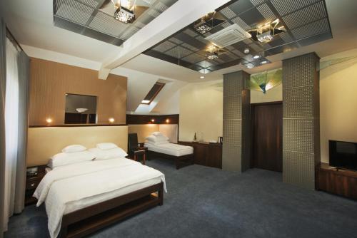 ビエラニ・ブロツワフスキエにあるHotel Interのベッドとテレビが備わるホテルルームです。