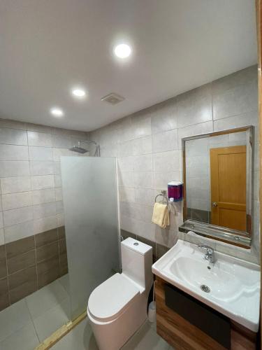 a bathroom with a toilet and a sink and a mirror at ببالز Ajloun عش وسط الطبيعة - ِAjloun Bubbles Live amid nature in Ajloun