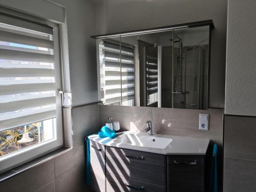 uma casa de banho com um lavatório e um espelho em Ferienwohnung Pees em Baumholder