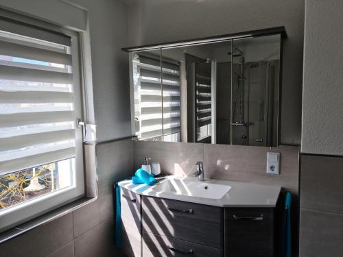 a bathroom with a sink and a mirror at Ferienwohnung Pees in Baumholder