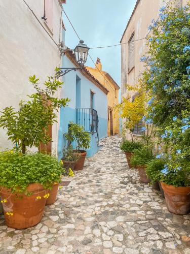 an alley with potted plants on the side of buildings at Casa Angelina-Ammentos Posada in Posada