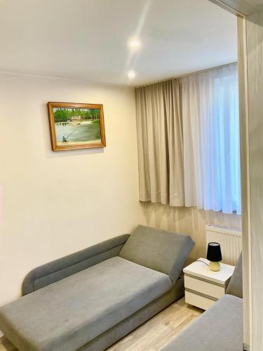 a living room with a couch and a window at Apartamenty u Lucyny i Lecha in Łukęcin