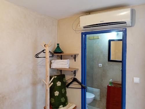 a bathroom with a shower and a toilet and a towel rack at RIAD DAR LFONOUN in Marrakech