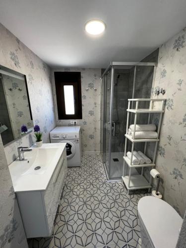 a bathroom with a sink toilet and a shower at Apartamentos Roquetas Beach in Roquetas de Mar