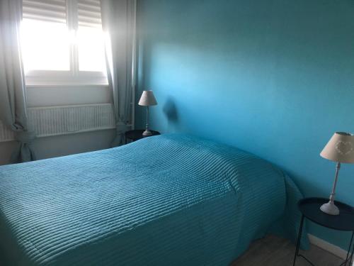 a blue bedroom with a bed and a window at F3 Metare / Fraissinette IRUP-Ecole des Mines in Saint Etienne