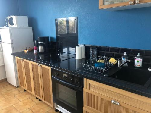 a kitchen with a black counter top and a refrigerator at F3 Metare / Fraissinette IRUP-Ecole des Mines in Saint Etienne