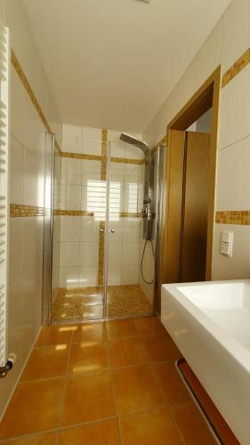 W łazience znajduje się prysznic, umywalka i wanna. w obiekcie Ferienwohnung Bautzen Süd w mieście Budziszyn
